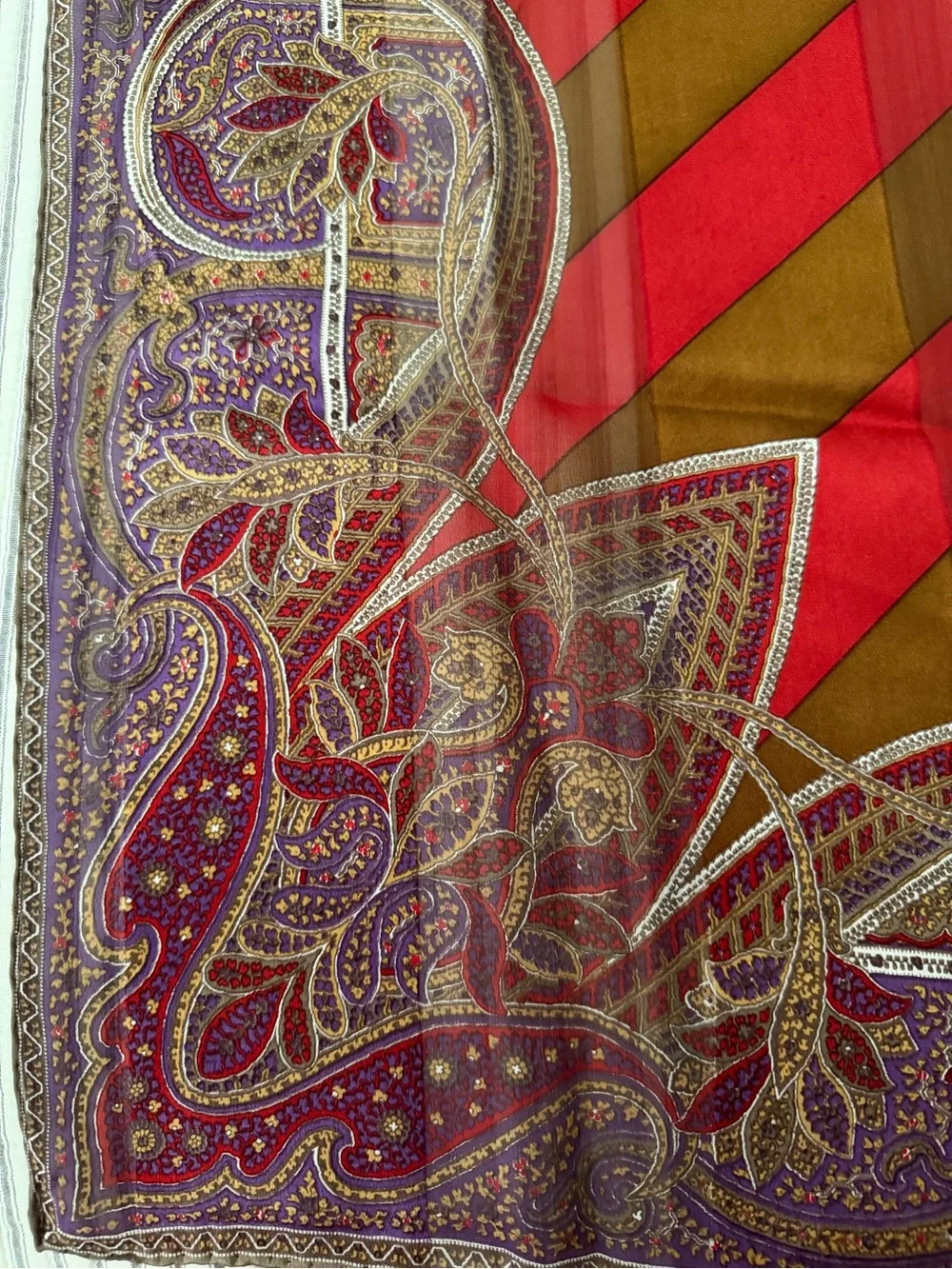 Vintage Pierre Balmain Silk Scarf Crimson Gold Stripe Paisley Large Square Scarf